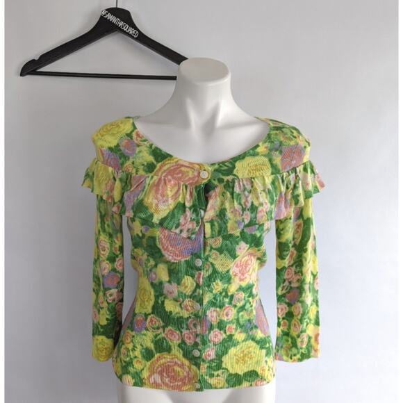 Anthropologie Yellow Bird Colored Pencil Floral Ruffle Cardigan Sweater Sz Small - Picture 1 of 6